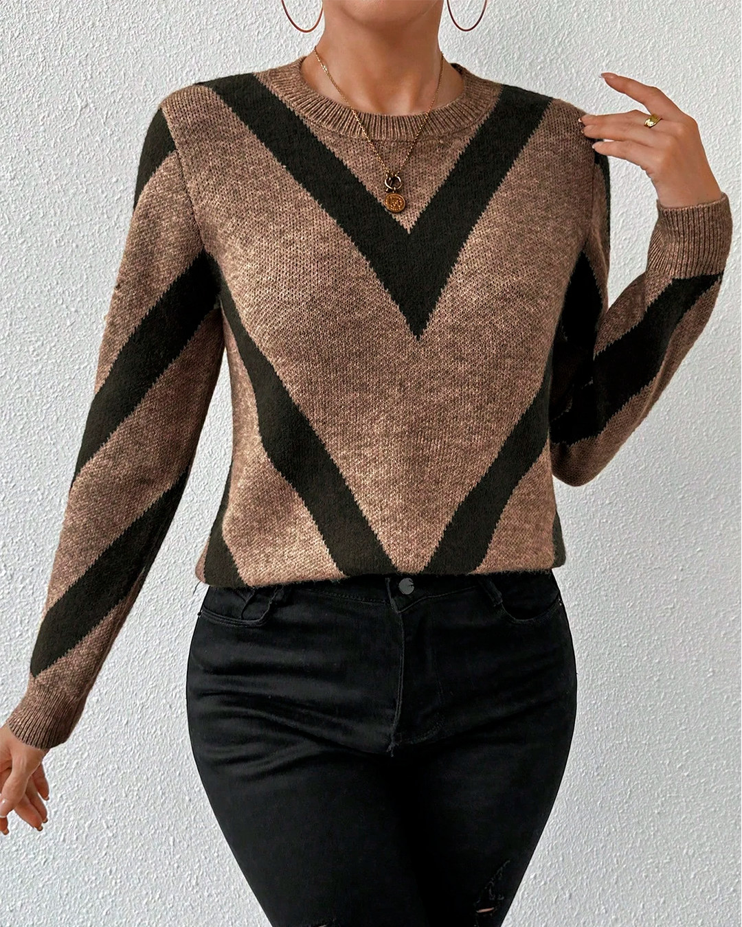 Sweater Women's Brown Chevron Knit Casual