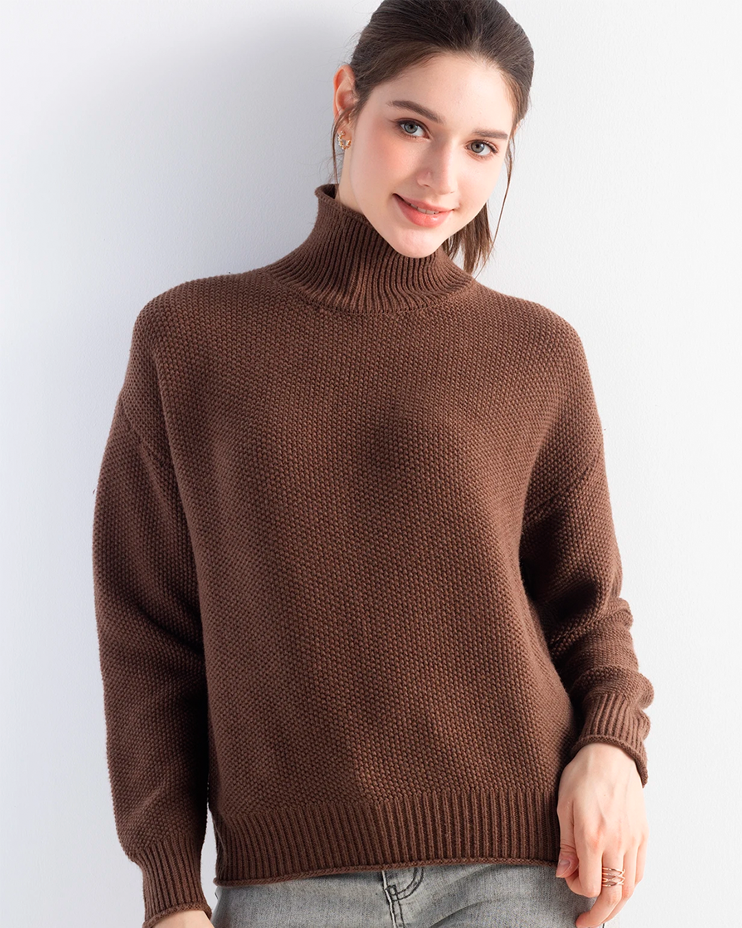 Sweater Women's High Neck Knit Brown Casual