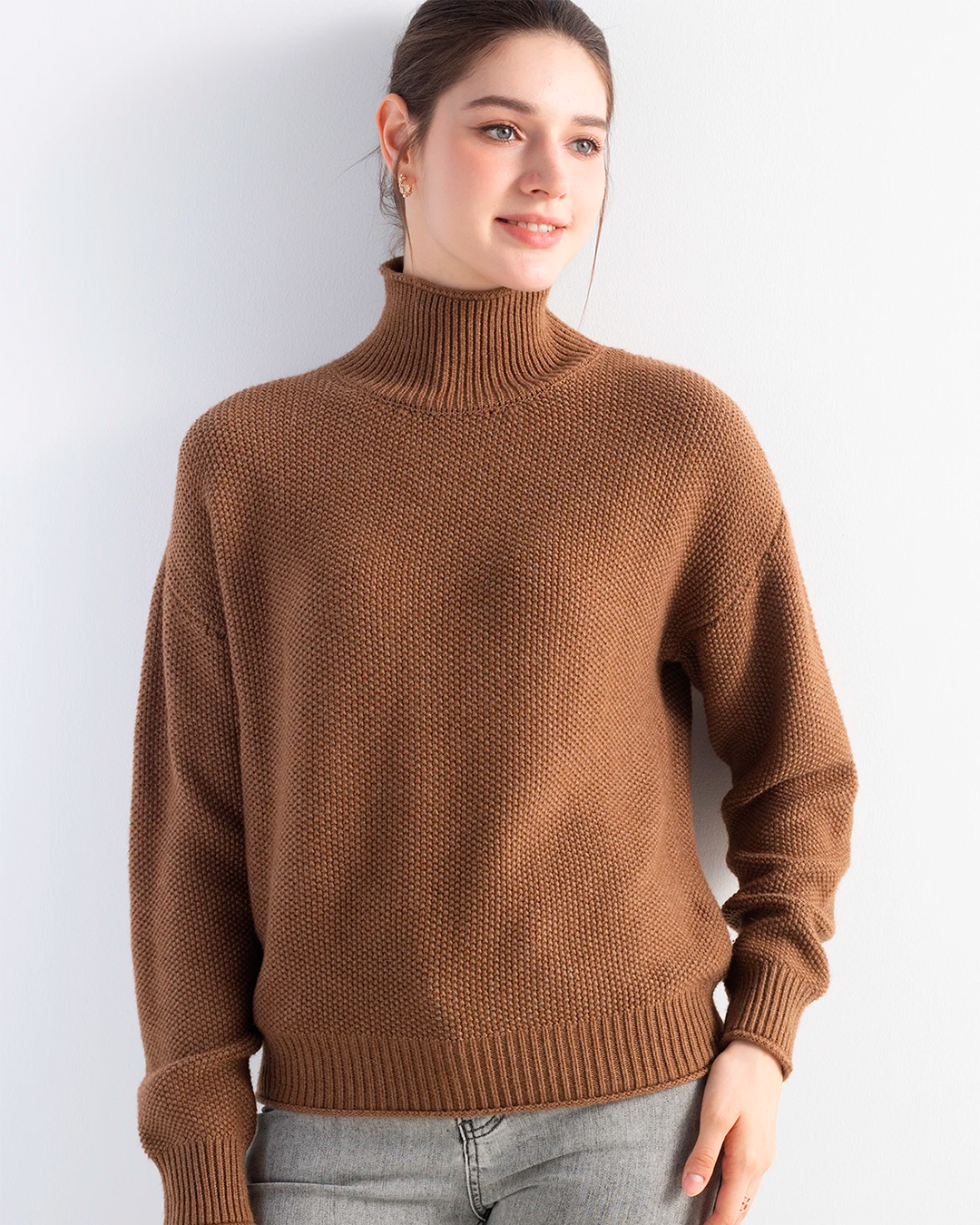 Sweater Women's High Neck Knit Brown Casual