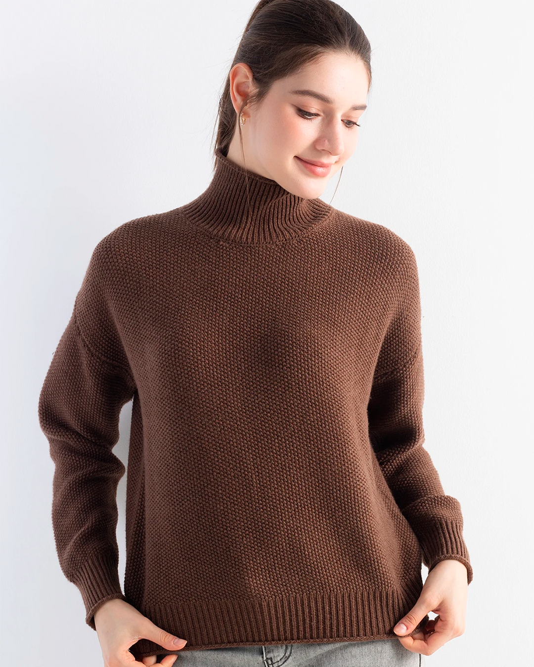Sweater Women's High Neck Knit Brown Casual