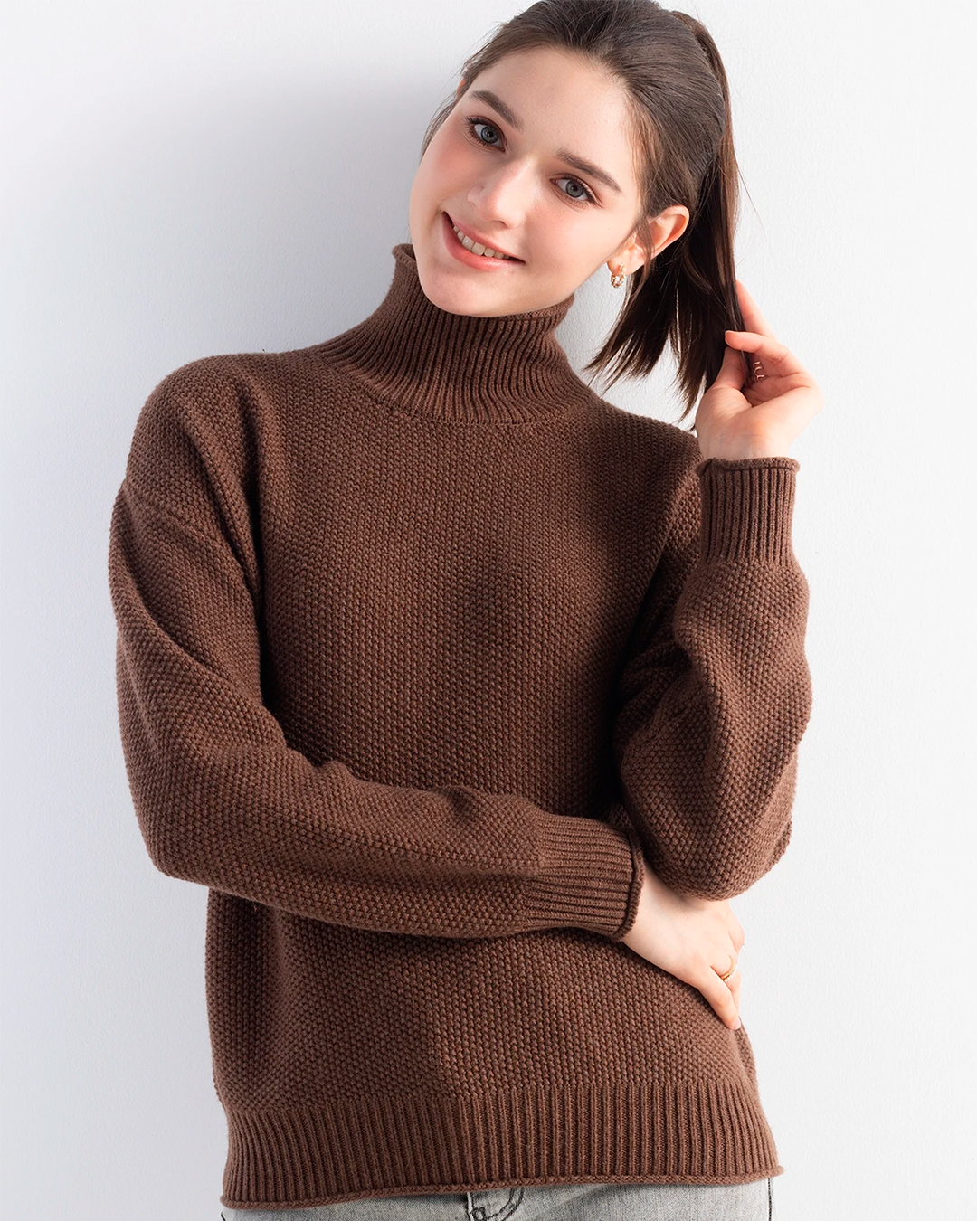 Sweater Women's High Neck Knit Brown Casual