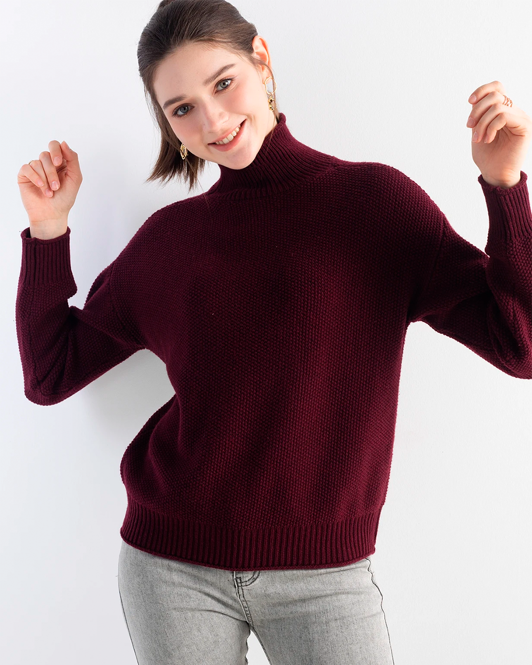 Sweater Women's High Neck Knit Brown Casual