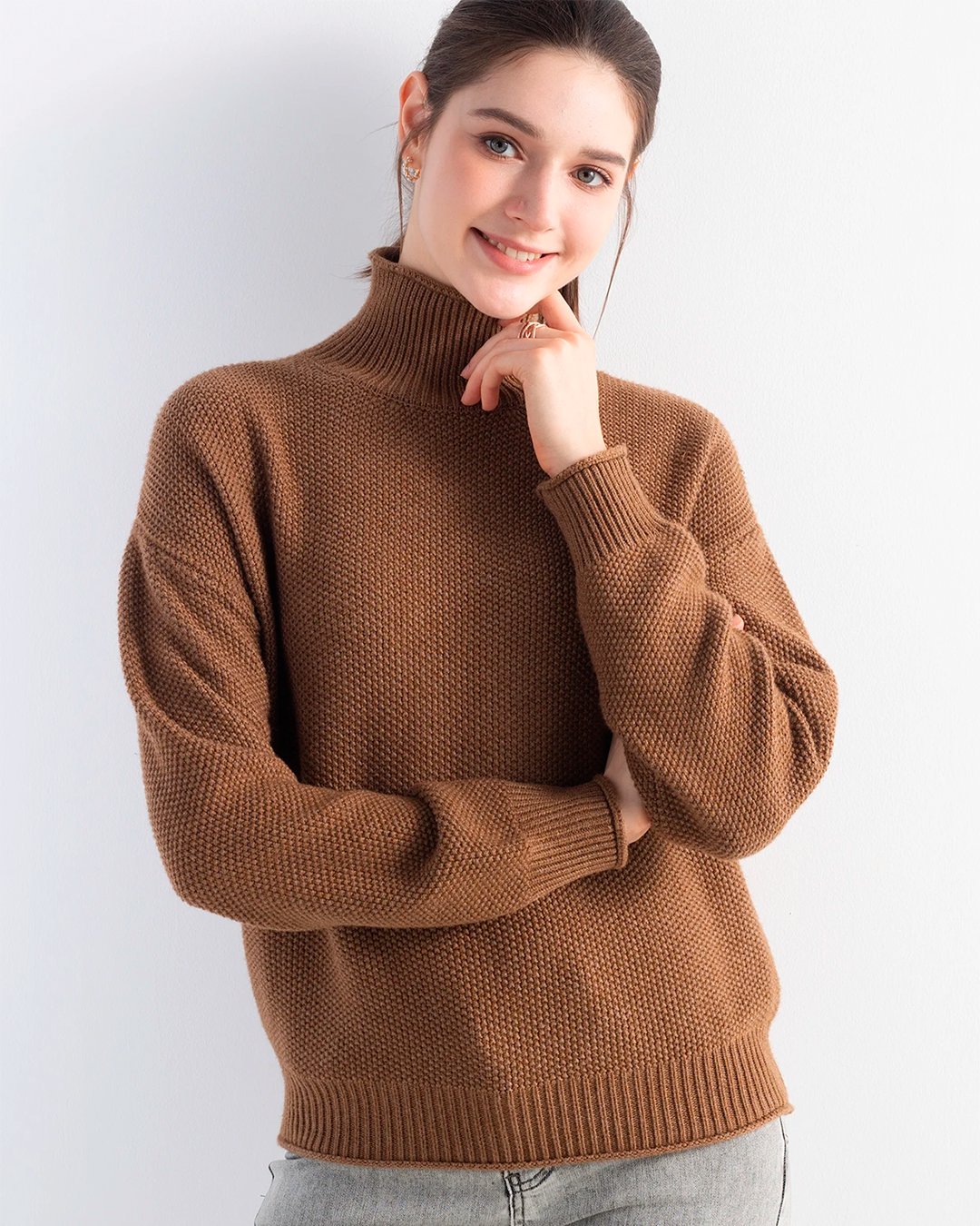 Sweater Women's High Neck Knit Brown Casual