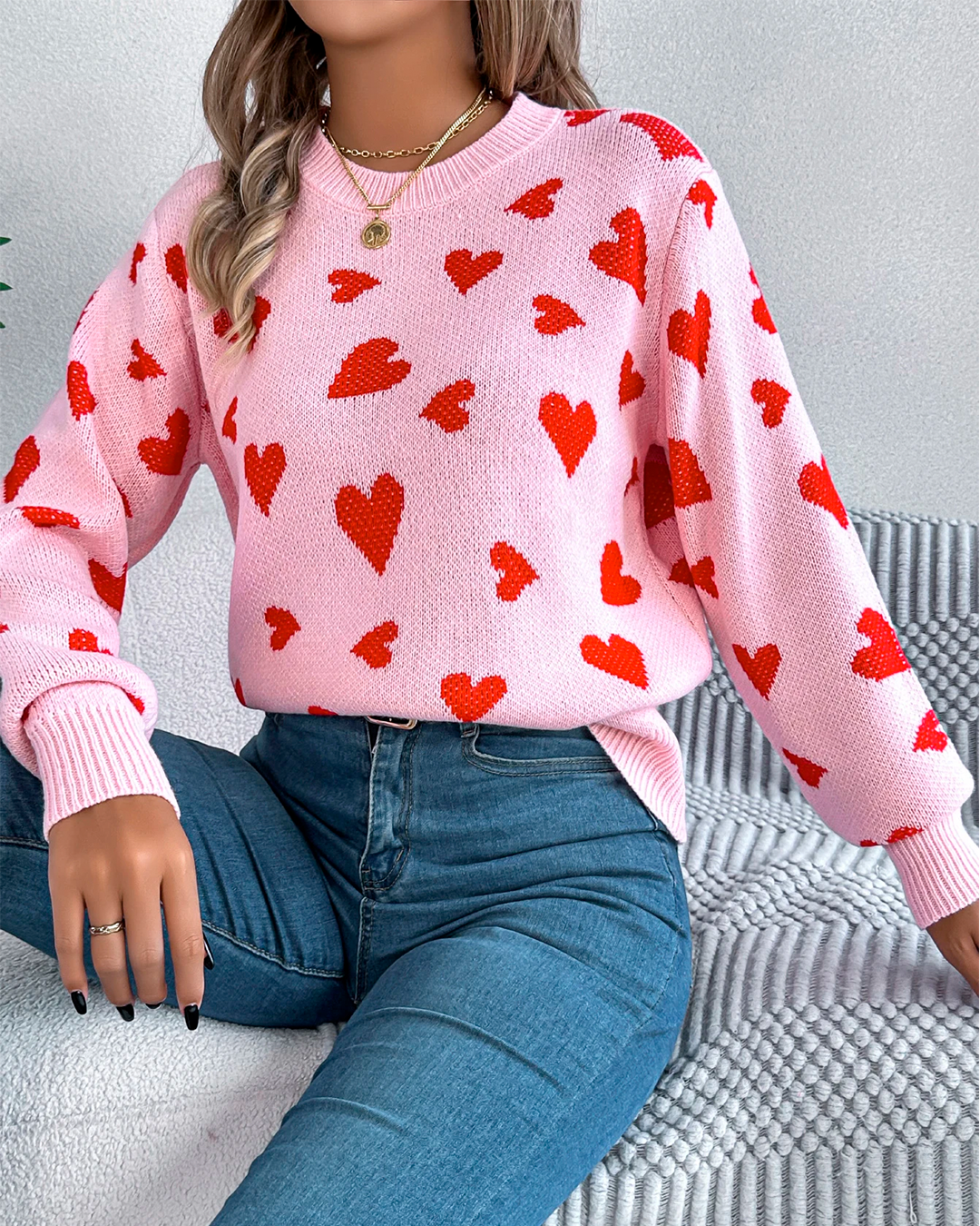 Sweater Women's Light Pink Knit Red Heart Print