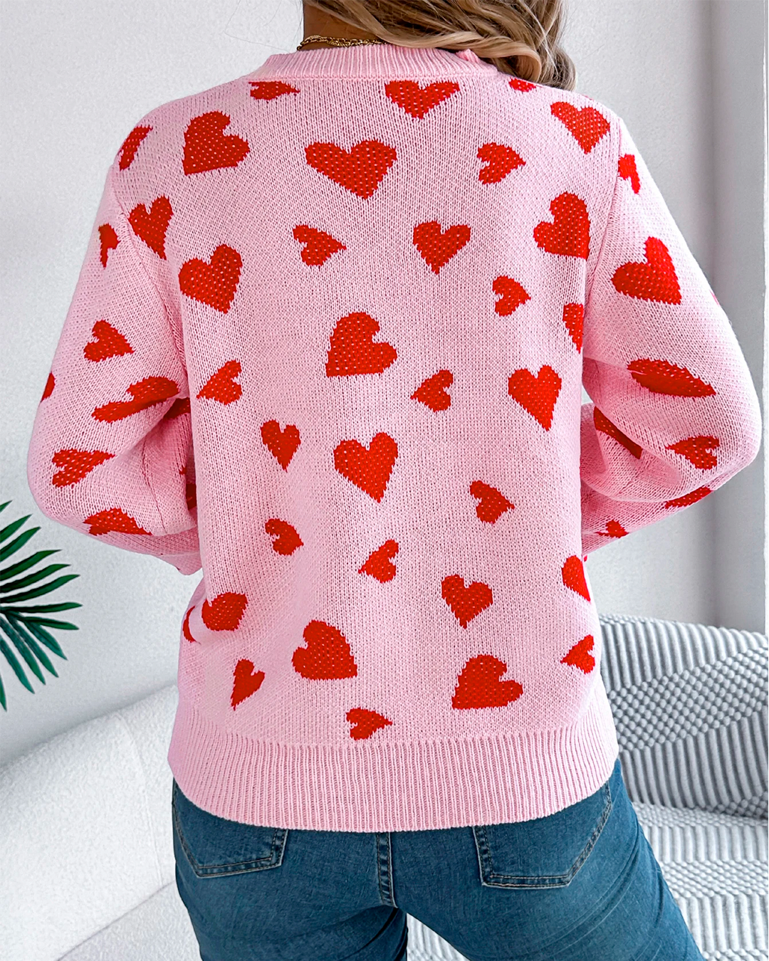 Sweater Women's Light Pink Knit Red Heart Print