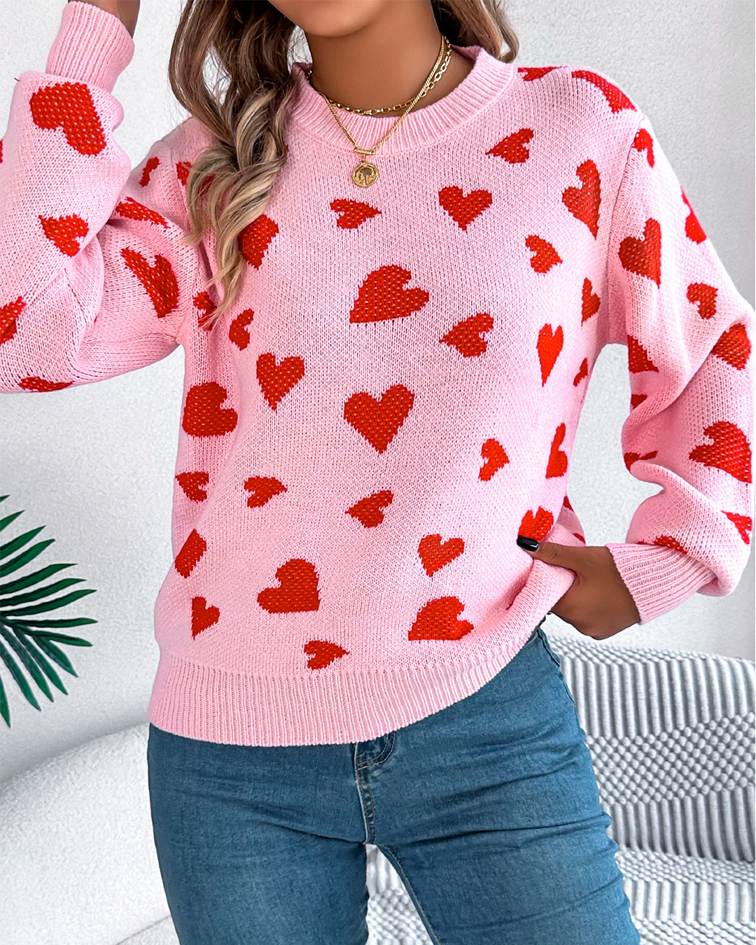 Sweater Women's Light Pink Knit Red Heart Print
