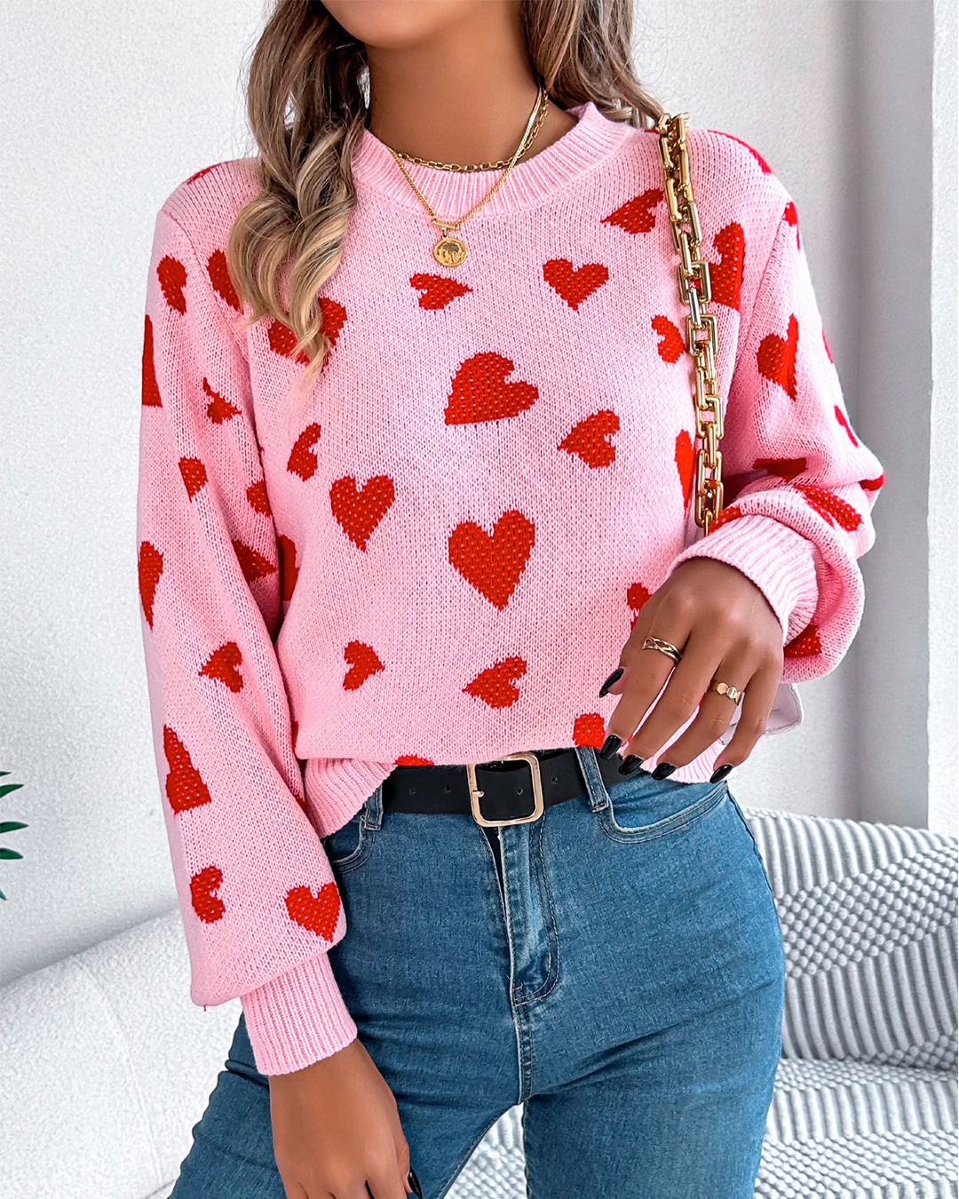 Sweater Women's Light Pink Knit Red Heart Print