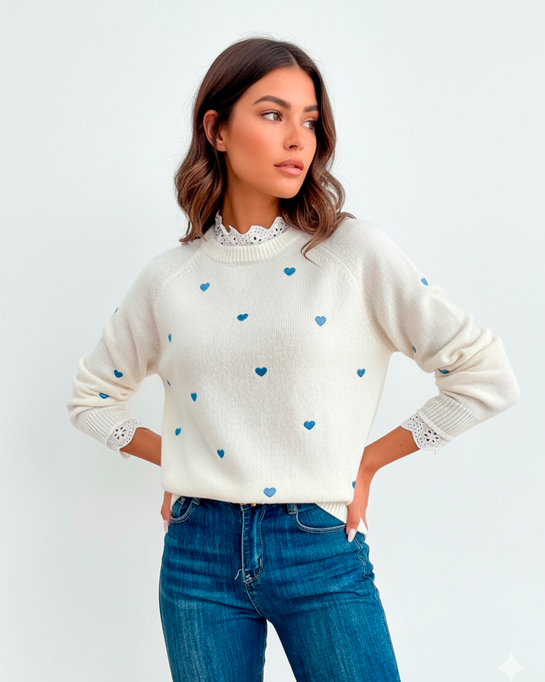 Sweater Women's Off-White Knit Blue Hearts Lace Detail