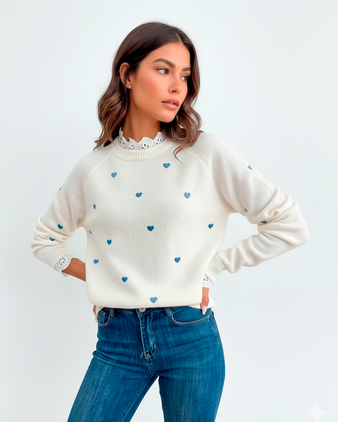 Sweater Women's Off-White Knit Blue Hearts Lace Detail