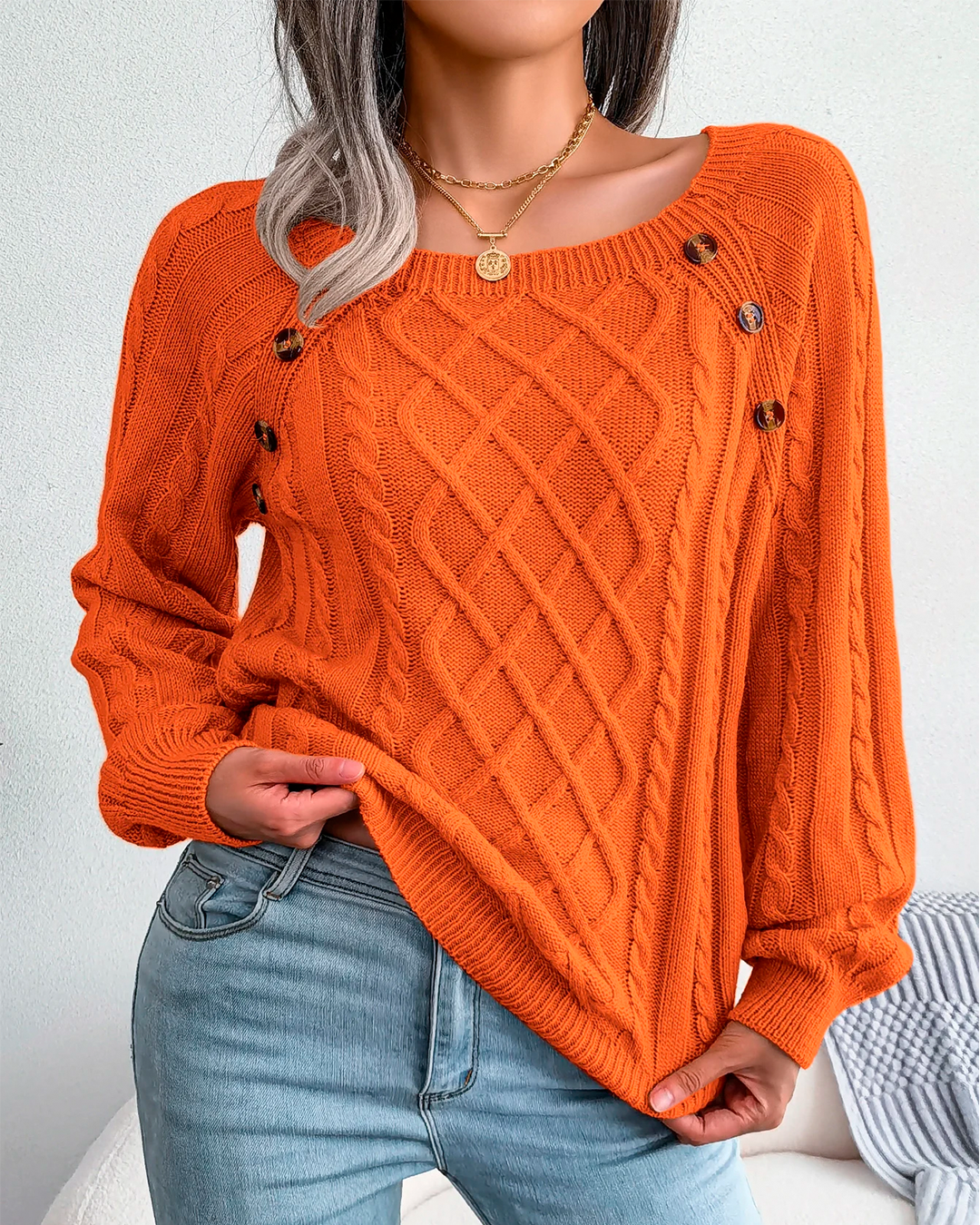 Sweater Women's Orange Knit Button Detail
