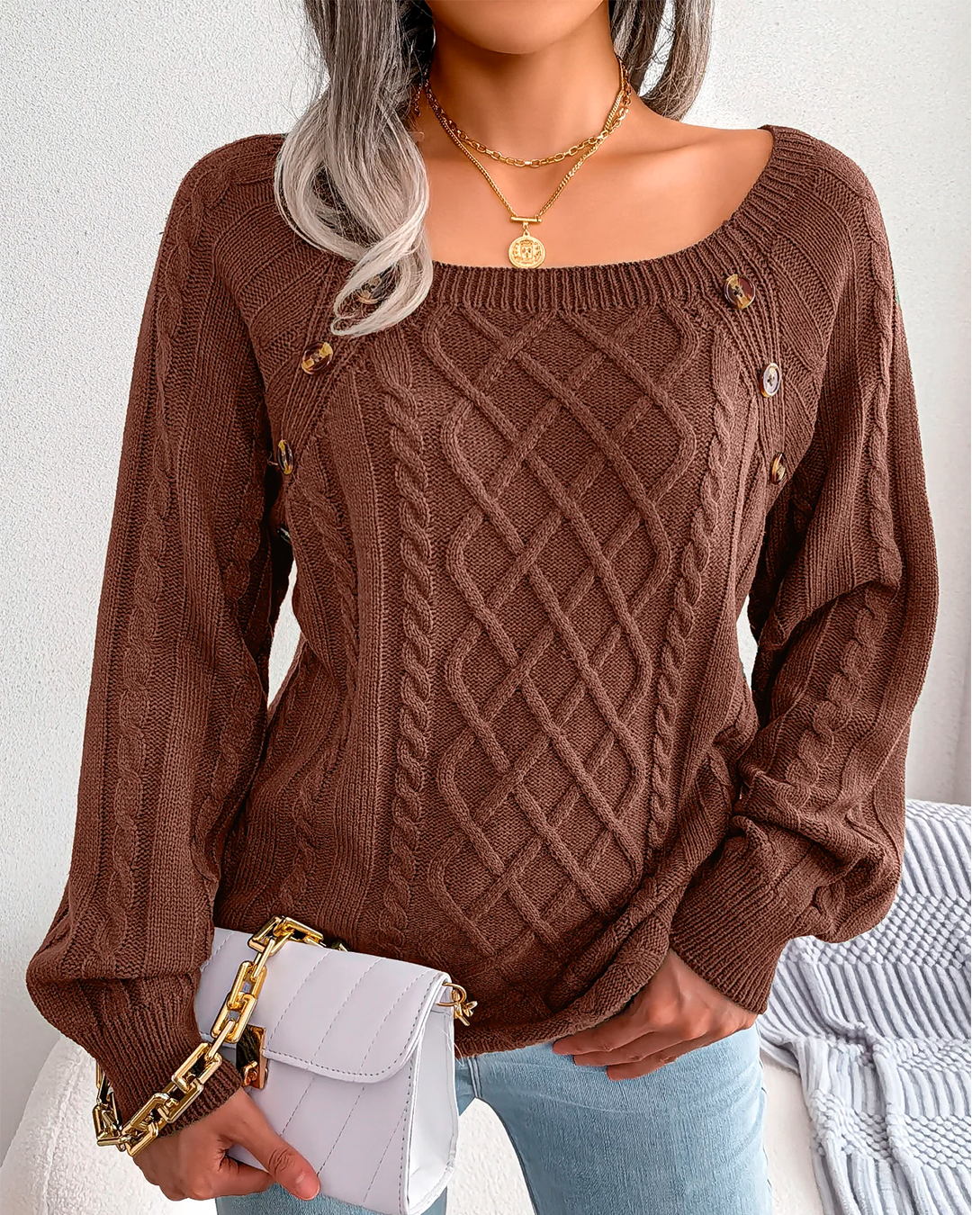 Sweater Women's Orange Knit Button Detail