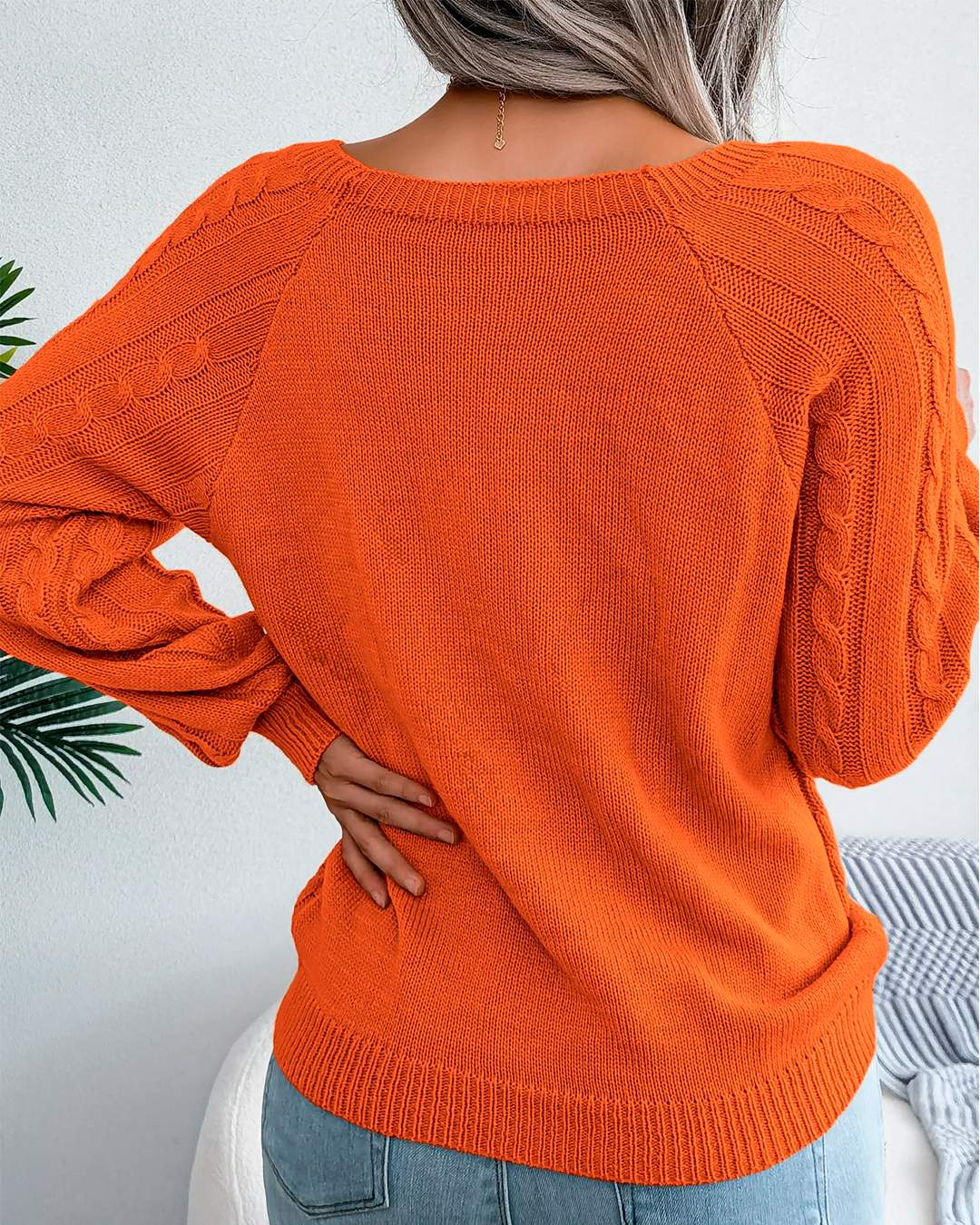 Sweater Women's Orange Knit Button Detail