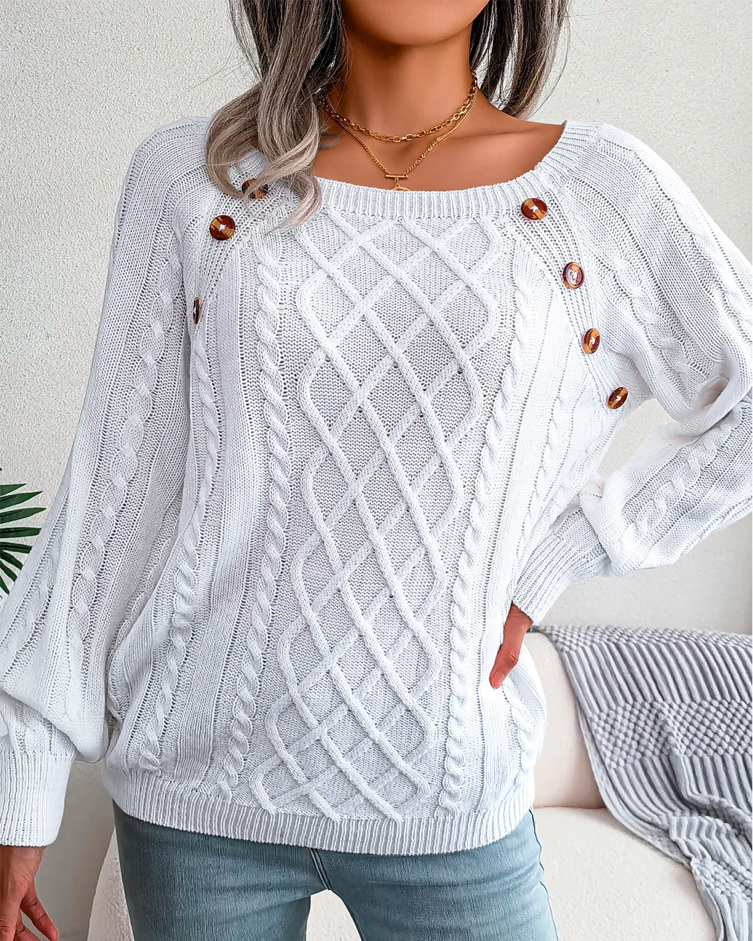 Sweater Women's Orange Knit Button Detail