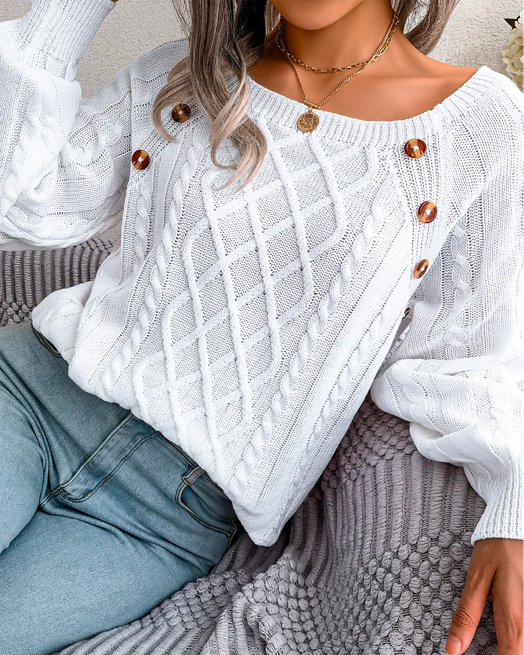 Sweater Women's Orange Knit Button Detail