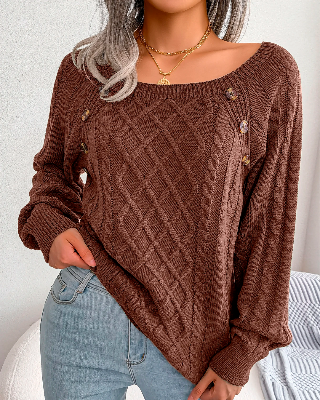 Sweater Women's Orange Knit Button Detail