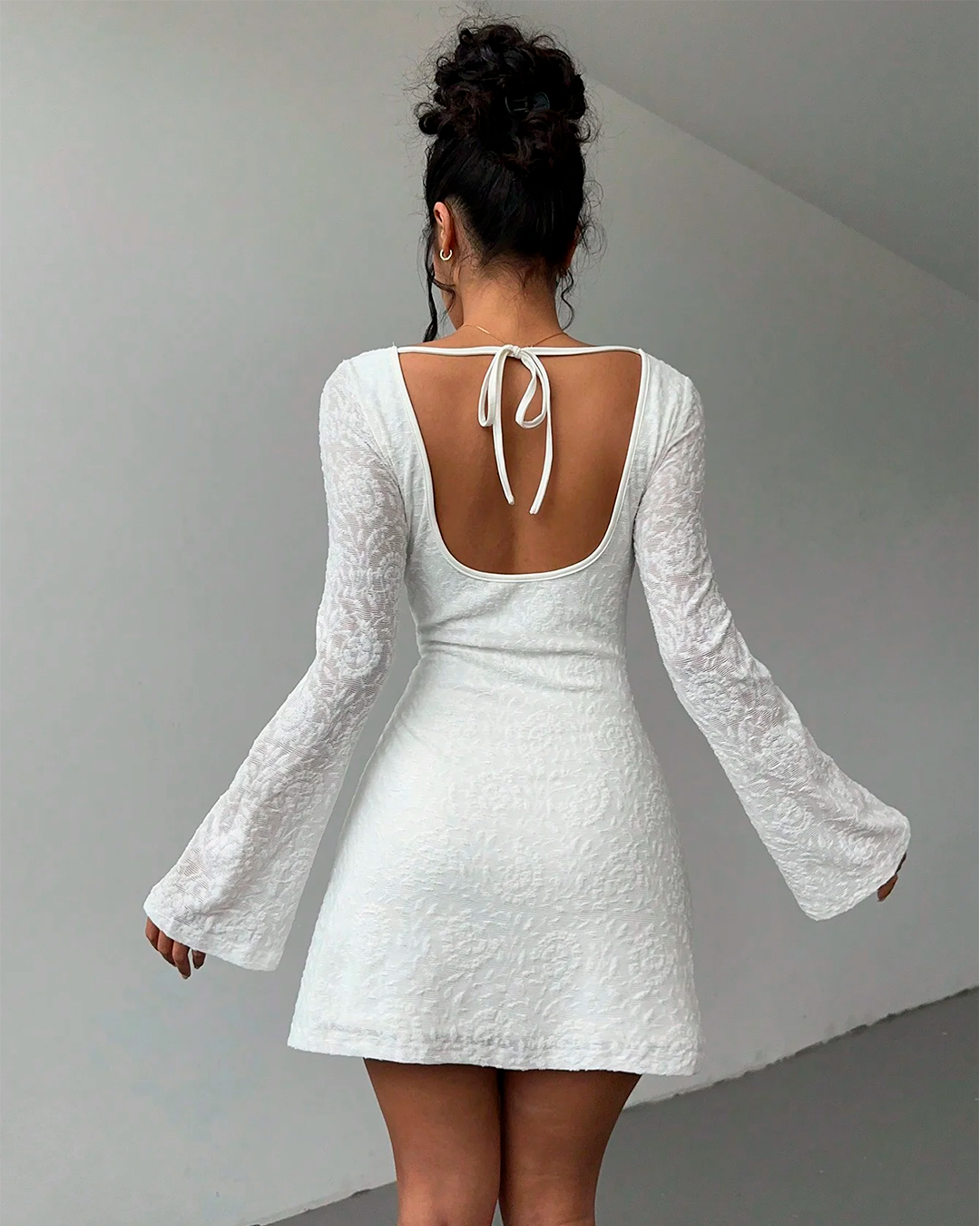 Textured Long Flare Sleeve Short Dress