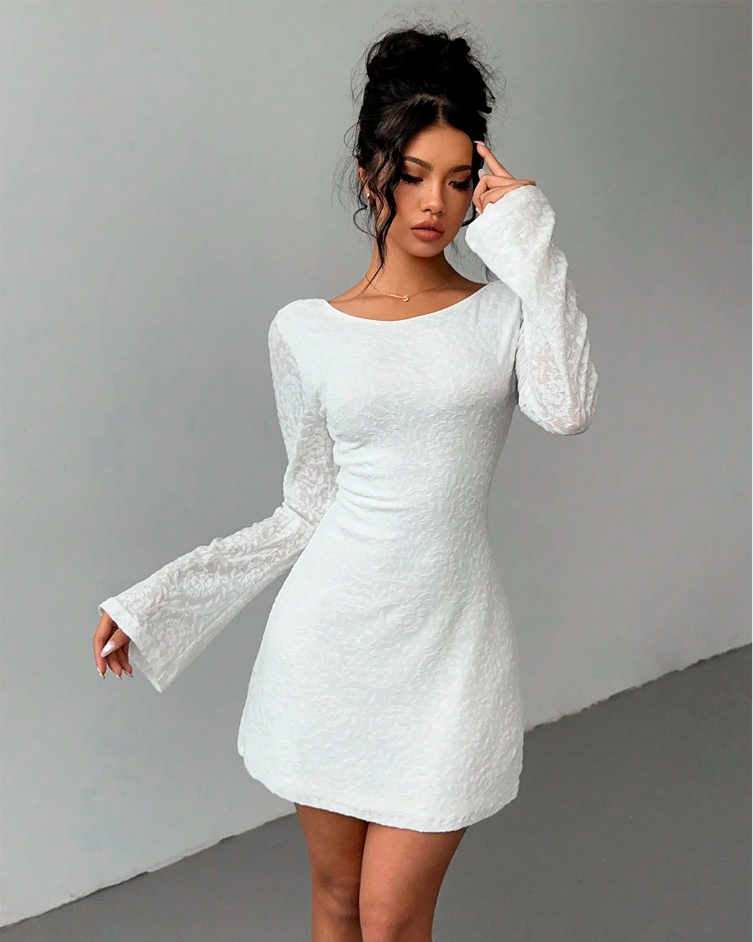 Textured Long Flare Sleeve Short Dress