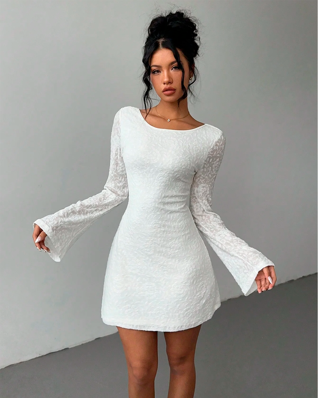 Textured Long Flare Sleeve Short Dress