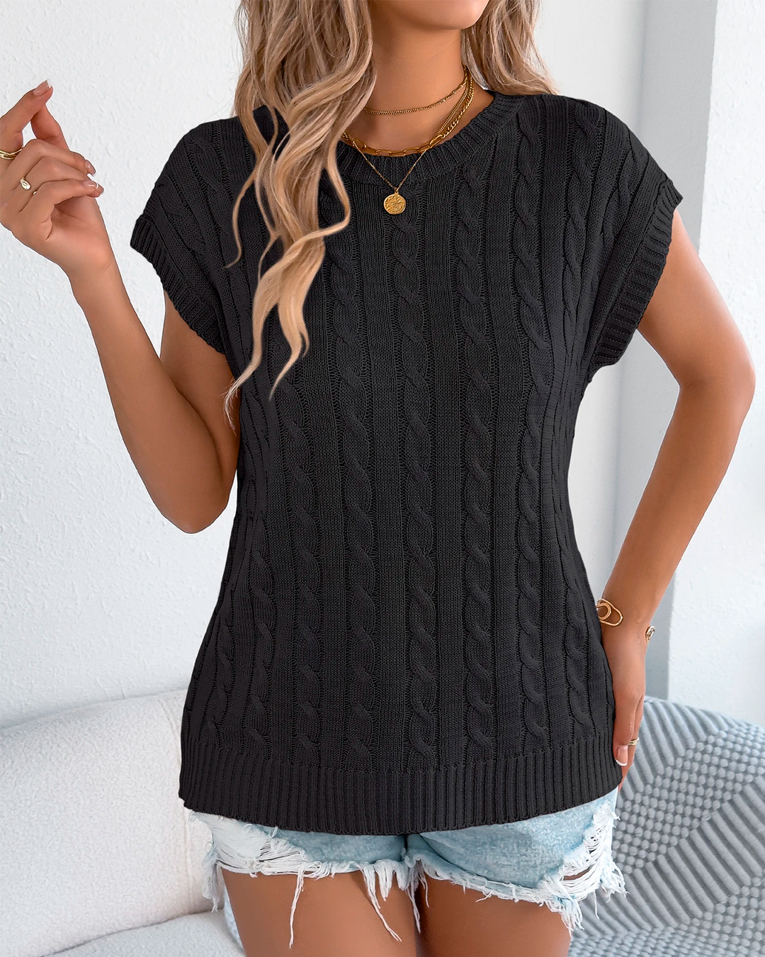 Textured Round Neck Knitted Blouse
