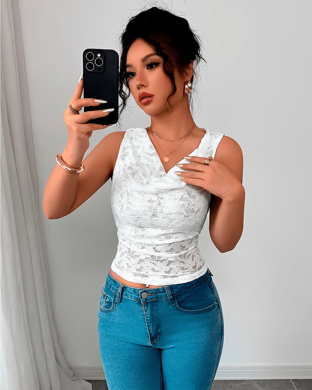 Top Dentelle Cache-Cœur Sans Manches Cintré