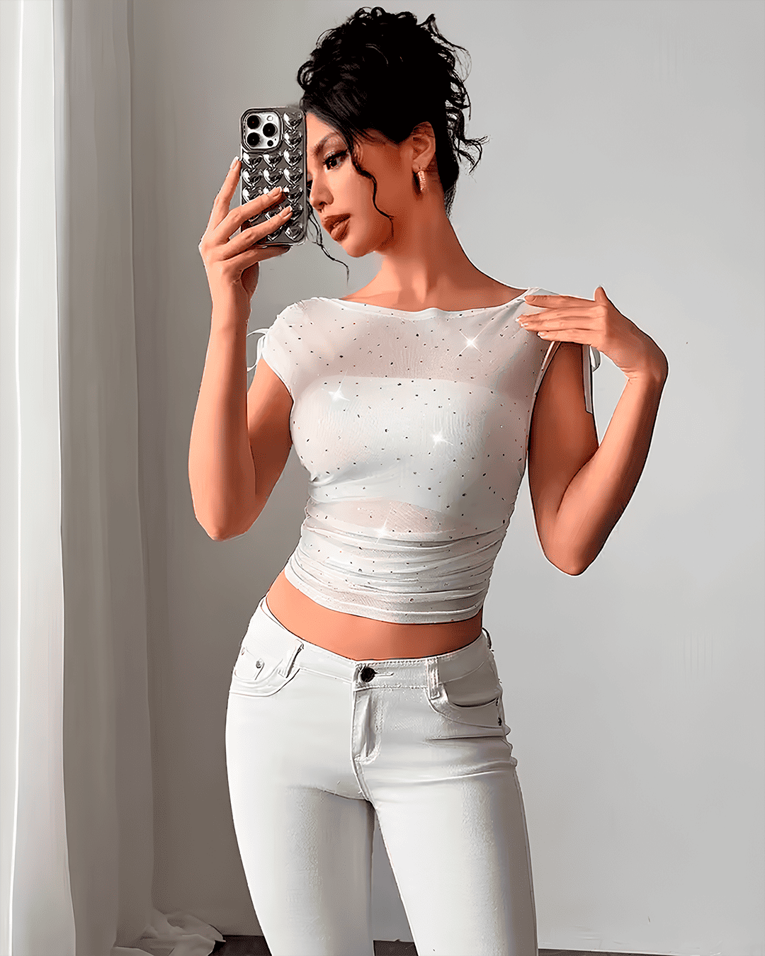 Top Tulle Pailleté Froncé Liens Épaules