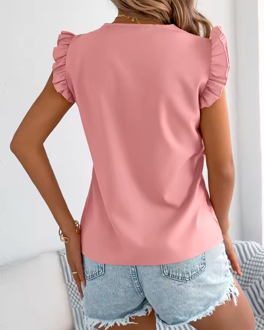 V Neck Lace Ruffle Sleeve Blouse