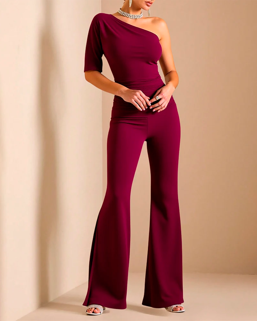 Women’s Burgundy One Shoulder Jumpsuit Short Sleeve Elegant Flare