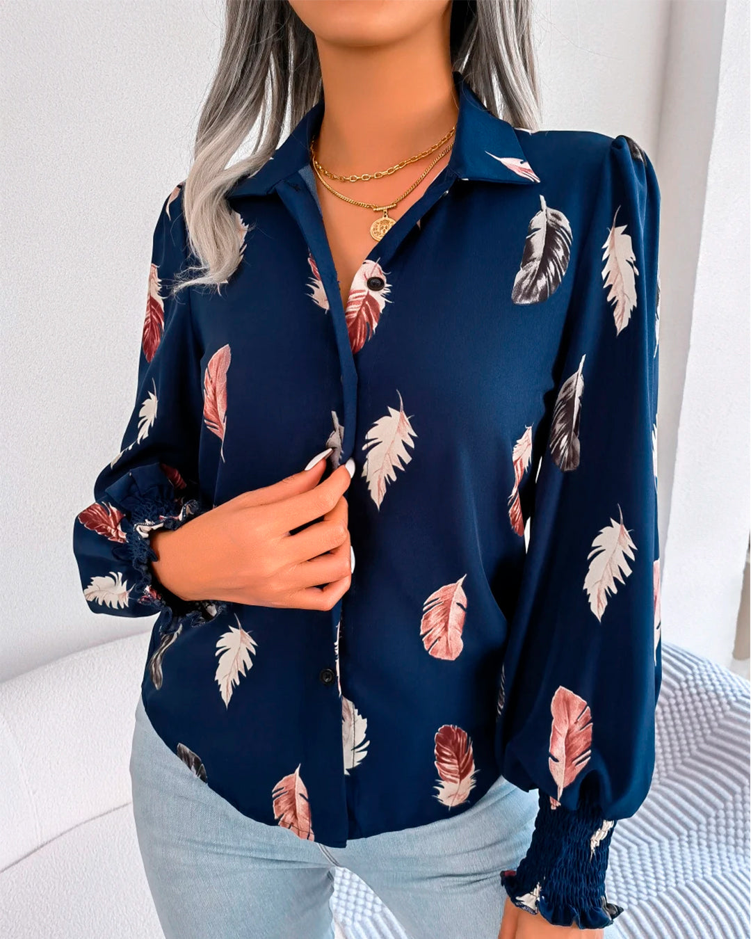 Women’s Navy Blue Button-Up Shirt Long Sleeve Leaf Print