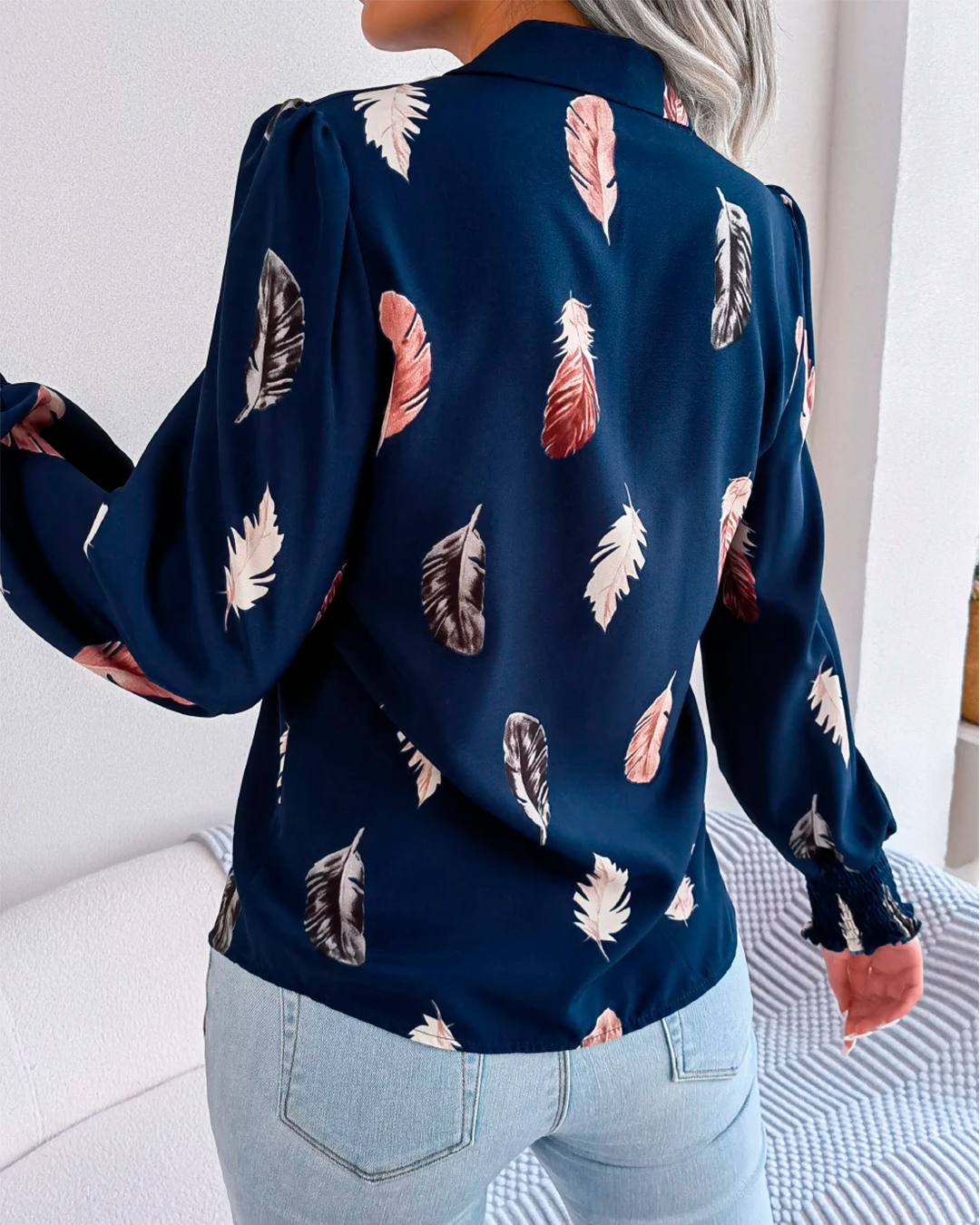 Women’s Navy Blue Button-Up Shirt Long Sleeve Leaf Print