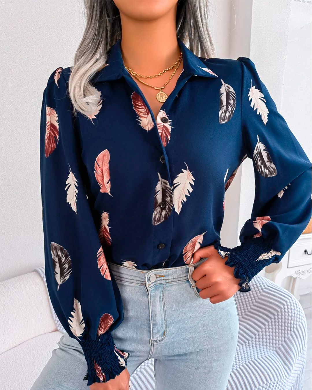 Women’s Navy Blue Button-Up Shirt Long Sleeve Leaf Print