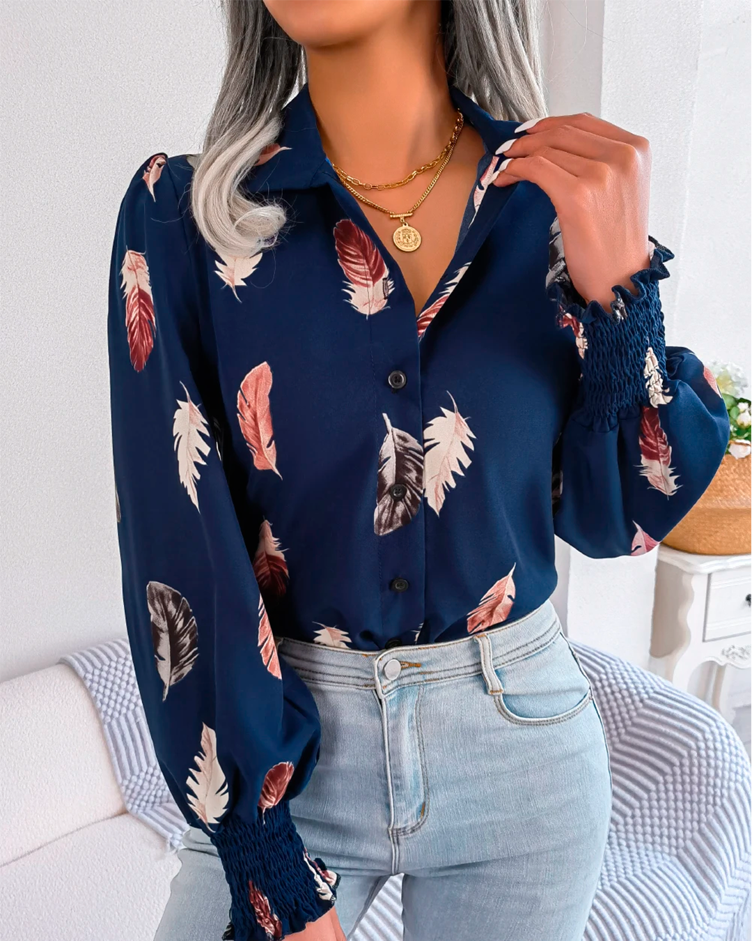 Women’s Navy Blue Button-Up Shirt Long Sleeve Leaf Print
