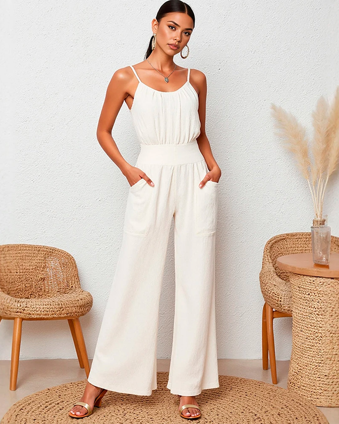 Women’s Off-White Jumpsuit Spaghetti Strap Wide Leg Pockets Summer Casual