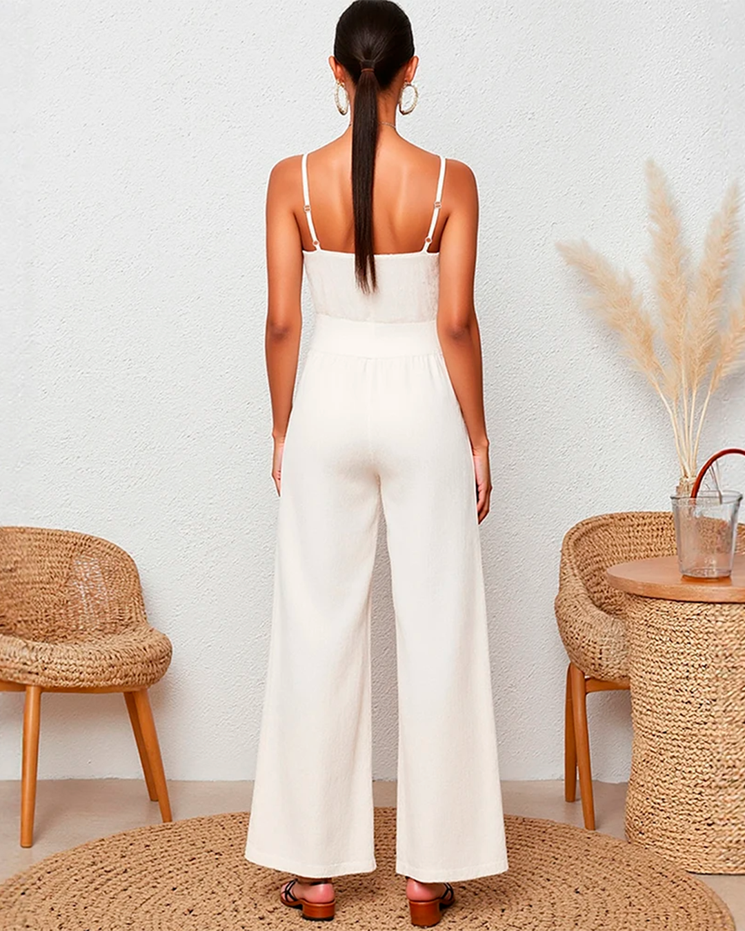 Women’s Off-White Jumpsuit Spaghetti Strap Wide Leg Pockets Summer Casual