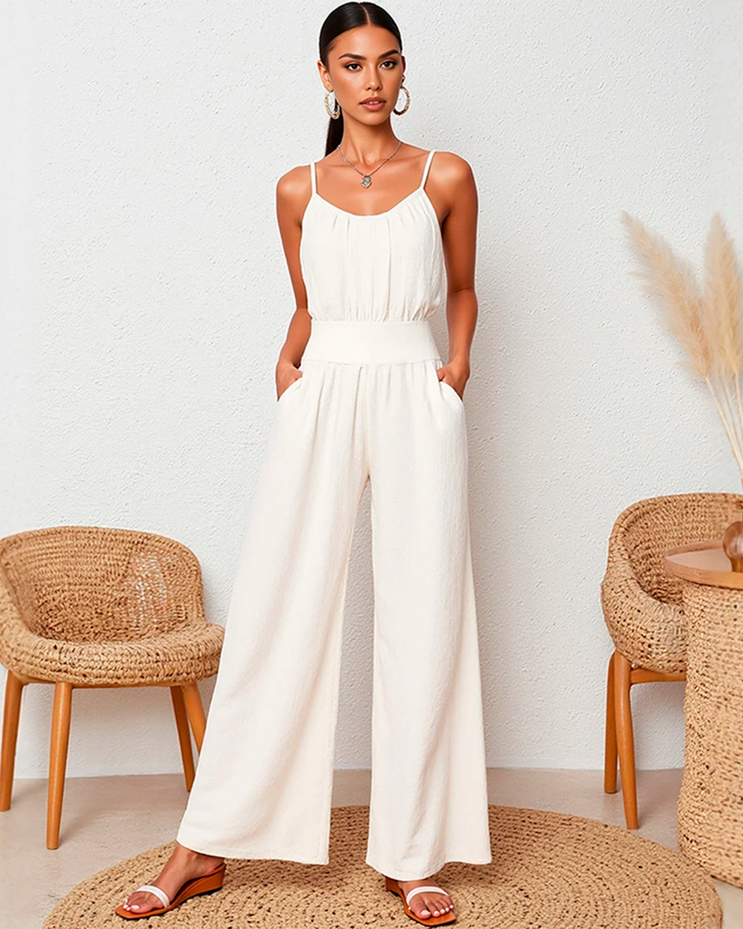 Women’s Off-White Jumpsuit Spaghetti Strap Wide Leg Pockets Summer Casual