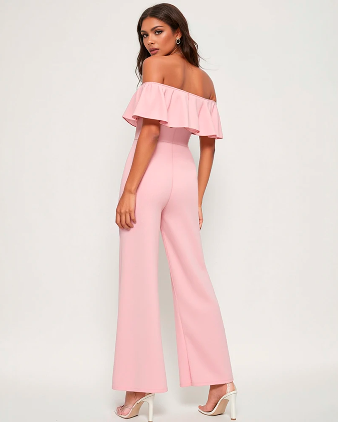 Women’s Pink Off Shoulder Ruffle Jumpsuit Elegant Wide Leg