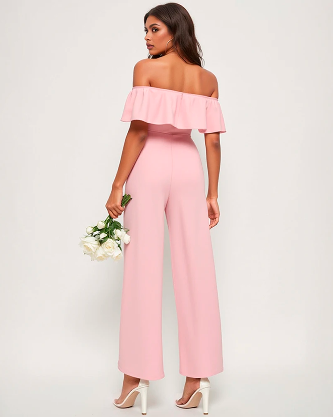 Women’s Pink Off Shoulder Ruffle Jumpsuit Elegant Wide Leg