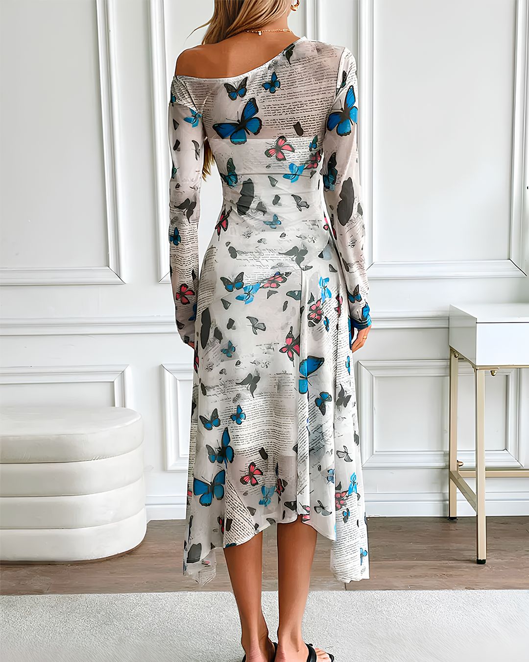 Butterfly Print Off Shoulder Midi Dress