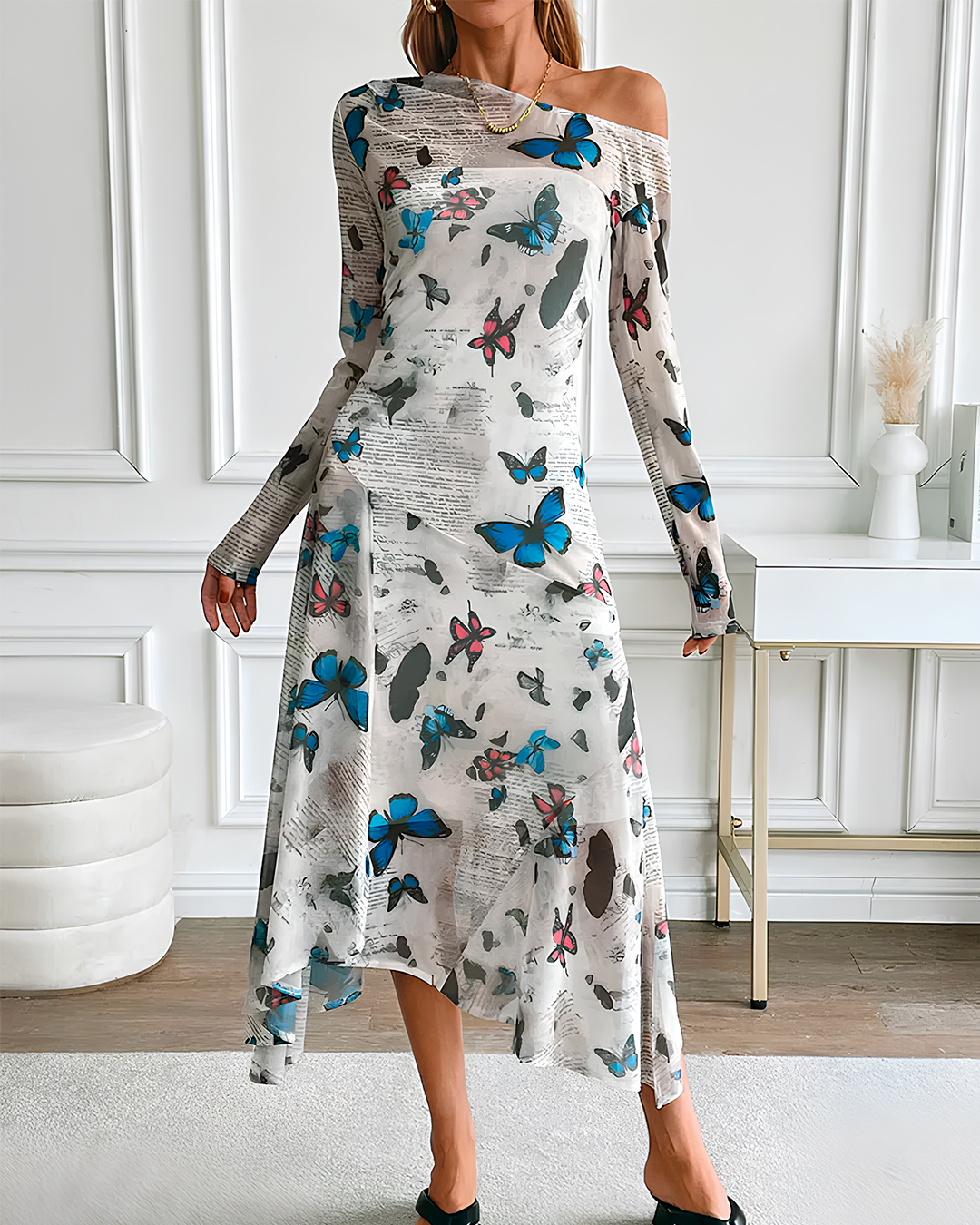 Butterfly Print Off Shoulder Midi Dress