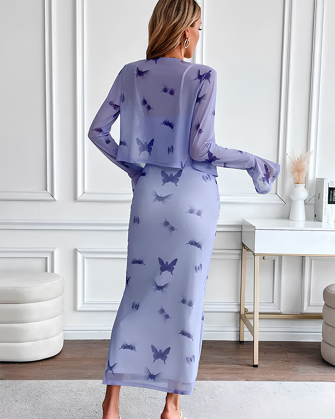 Butterfly Print Skirt and Blouse Set