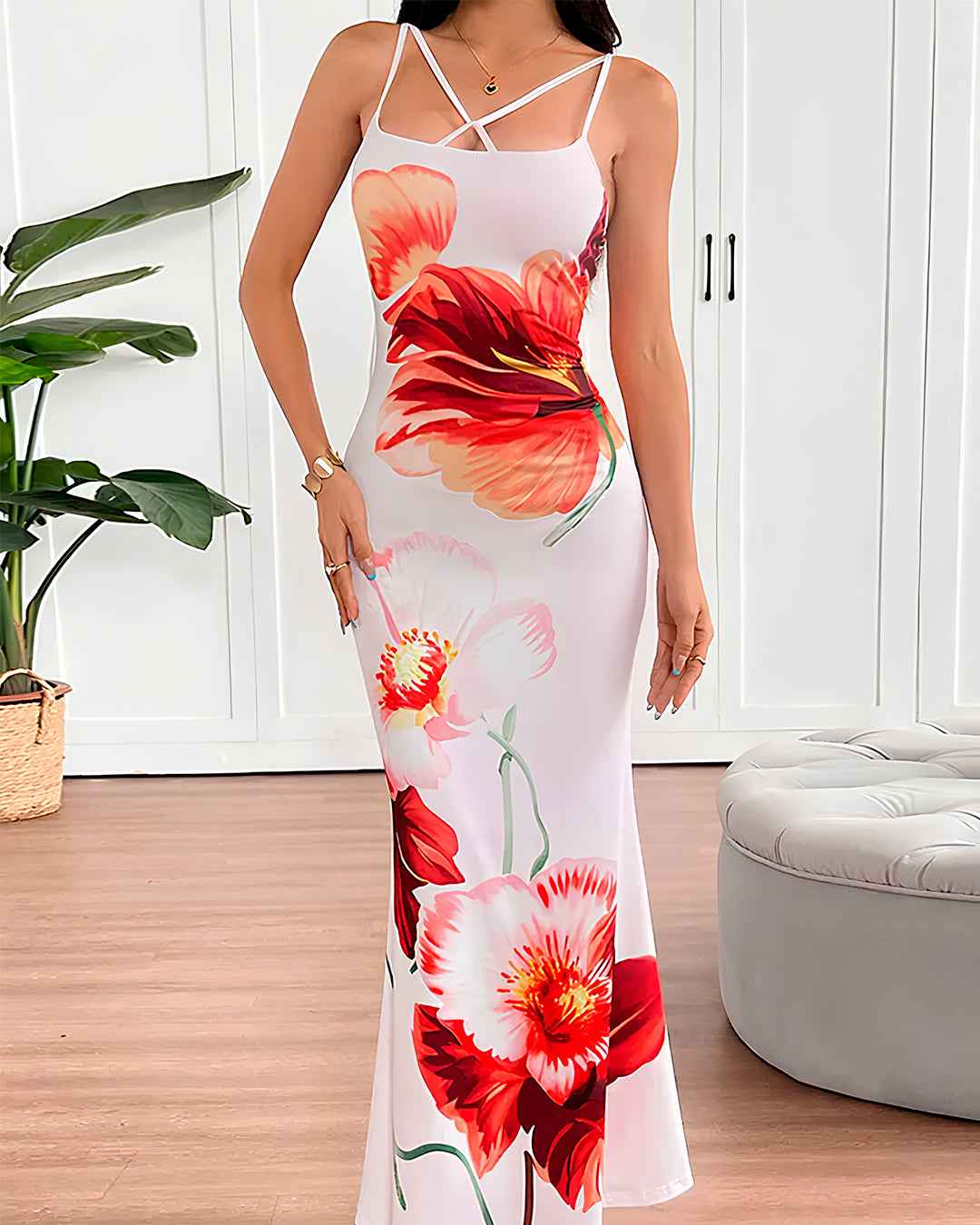 Floral Maxi Long Dress with Thin Straps