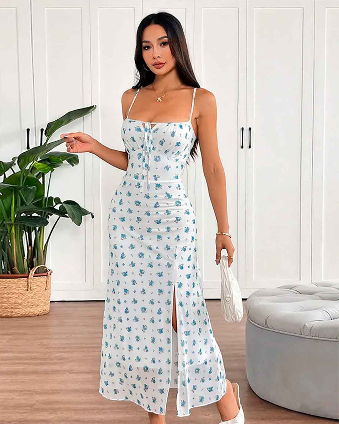 Floral Midi Dress with Slit and Thin Straps