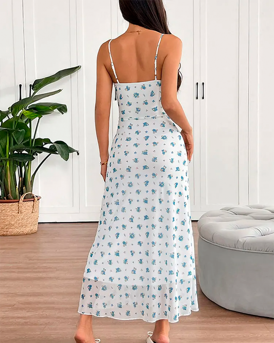 Floral Midi Dress with Slit and Thin Straps