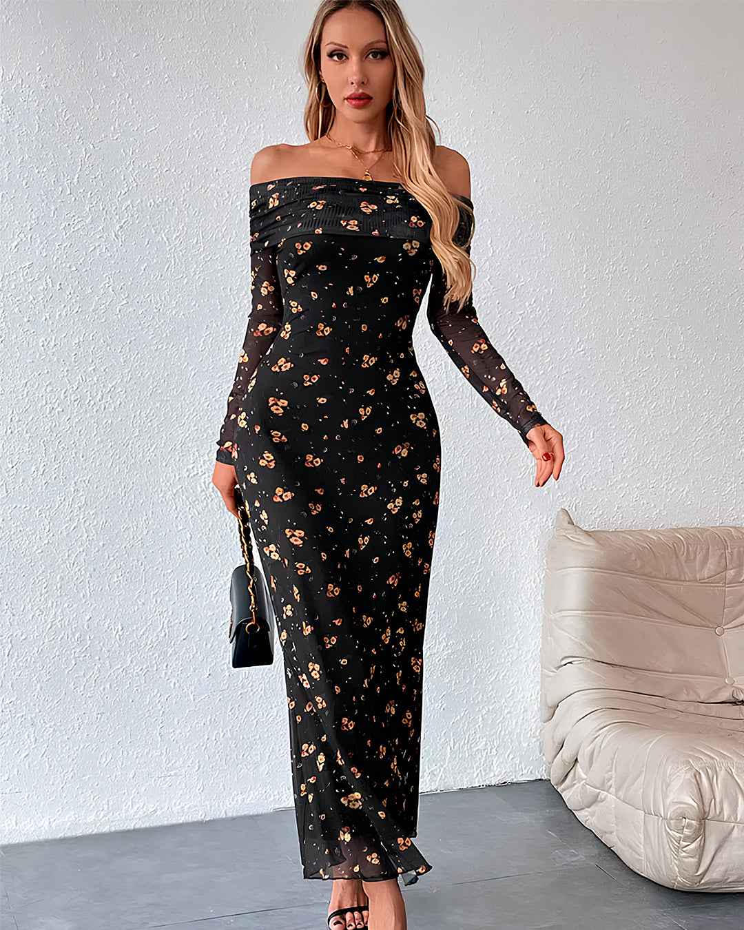 Floral Off Shoulder Long Sleeve Dress