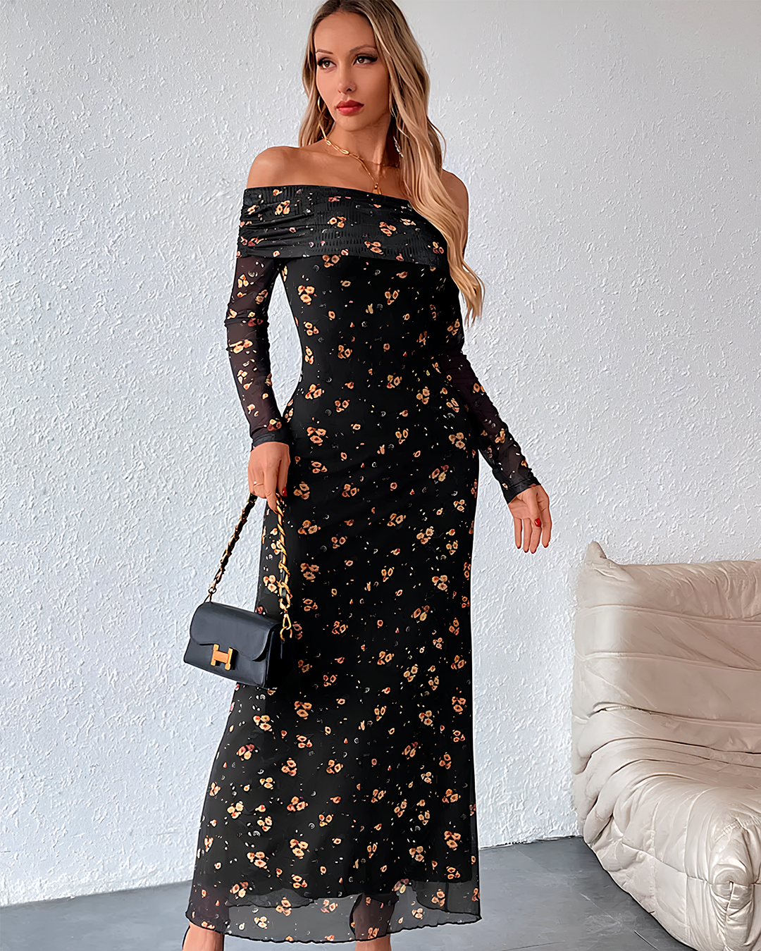 Floral Off Shoulder Long Sleeve Dress