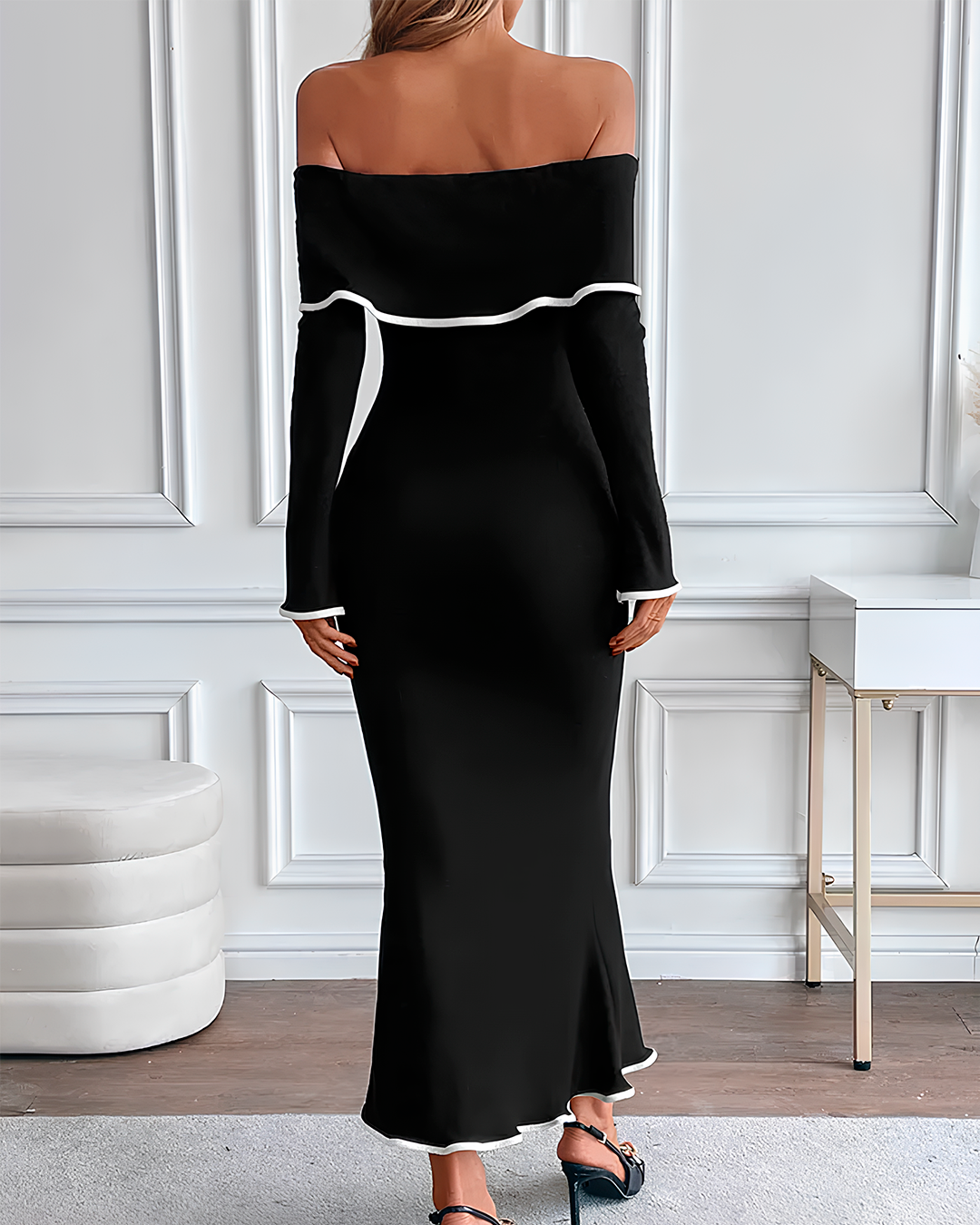 Off Shoulder Long Dress with Ruffle Contrast