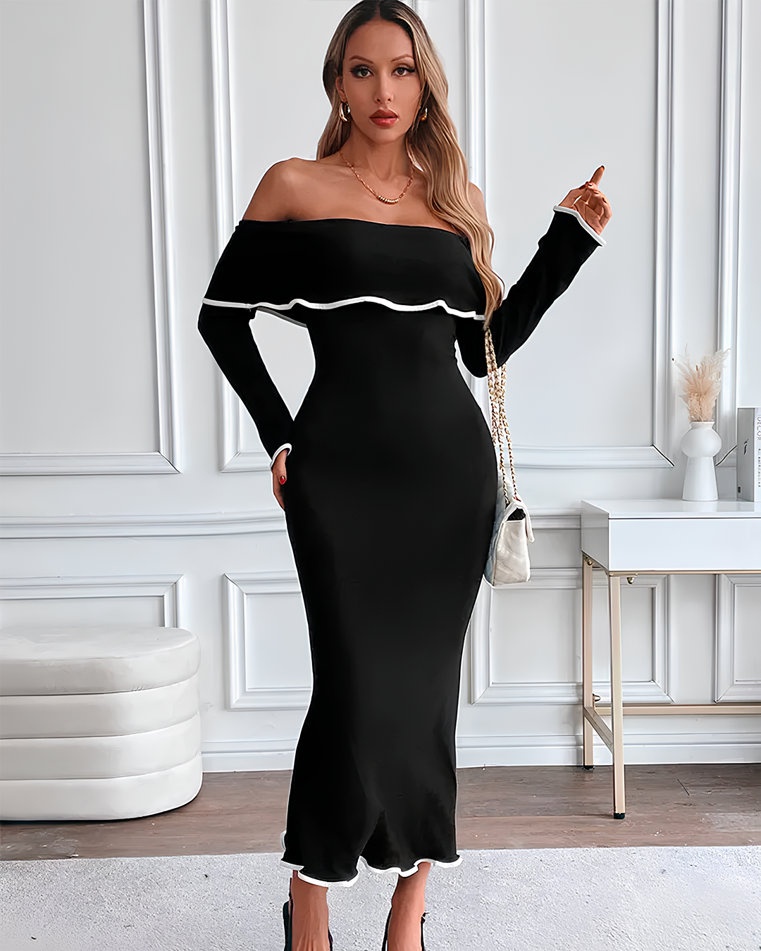 Off Shoulder Long Dress with Ruffle Contrast