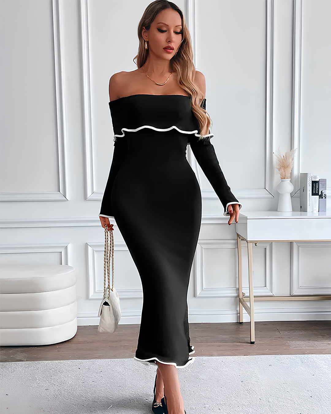 Off Shoulder Long Dress with Ruffle Contrast