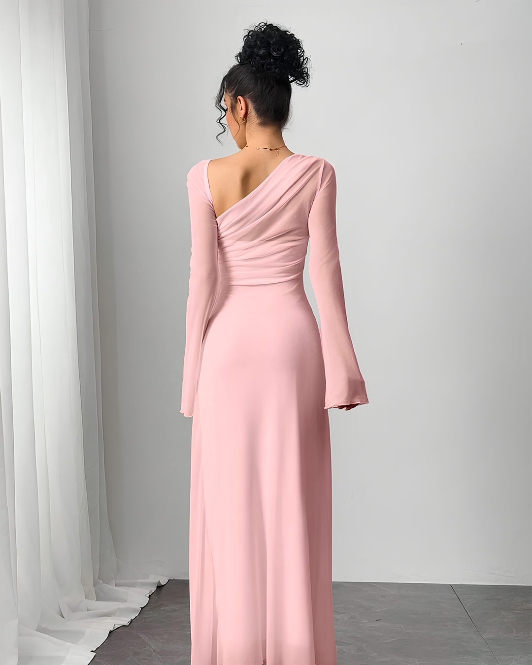 One Shoulder Flare Sleeve Long Dress