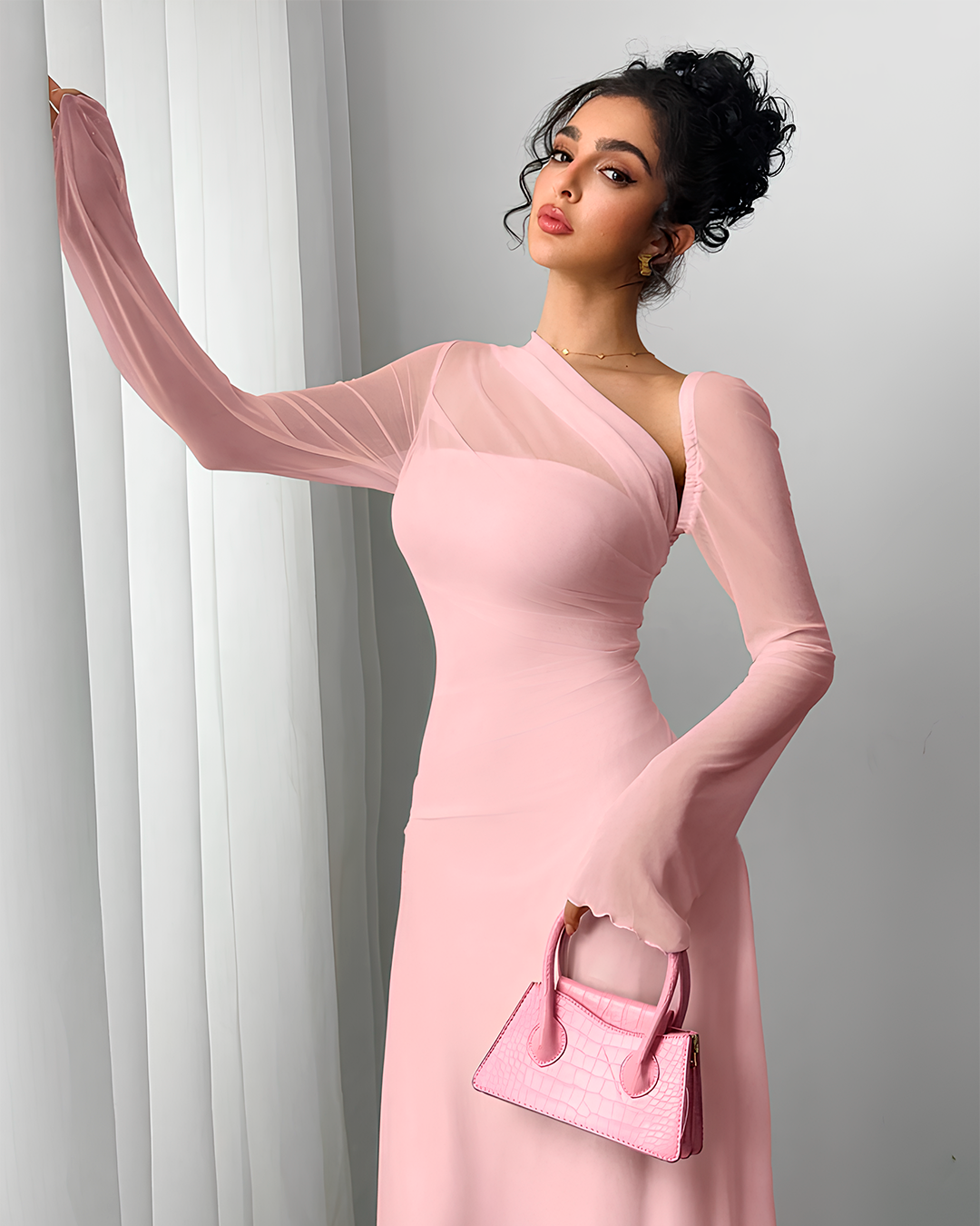 One Shoulder Flare Sleeve Long Dress