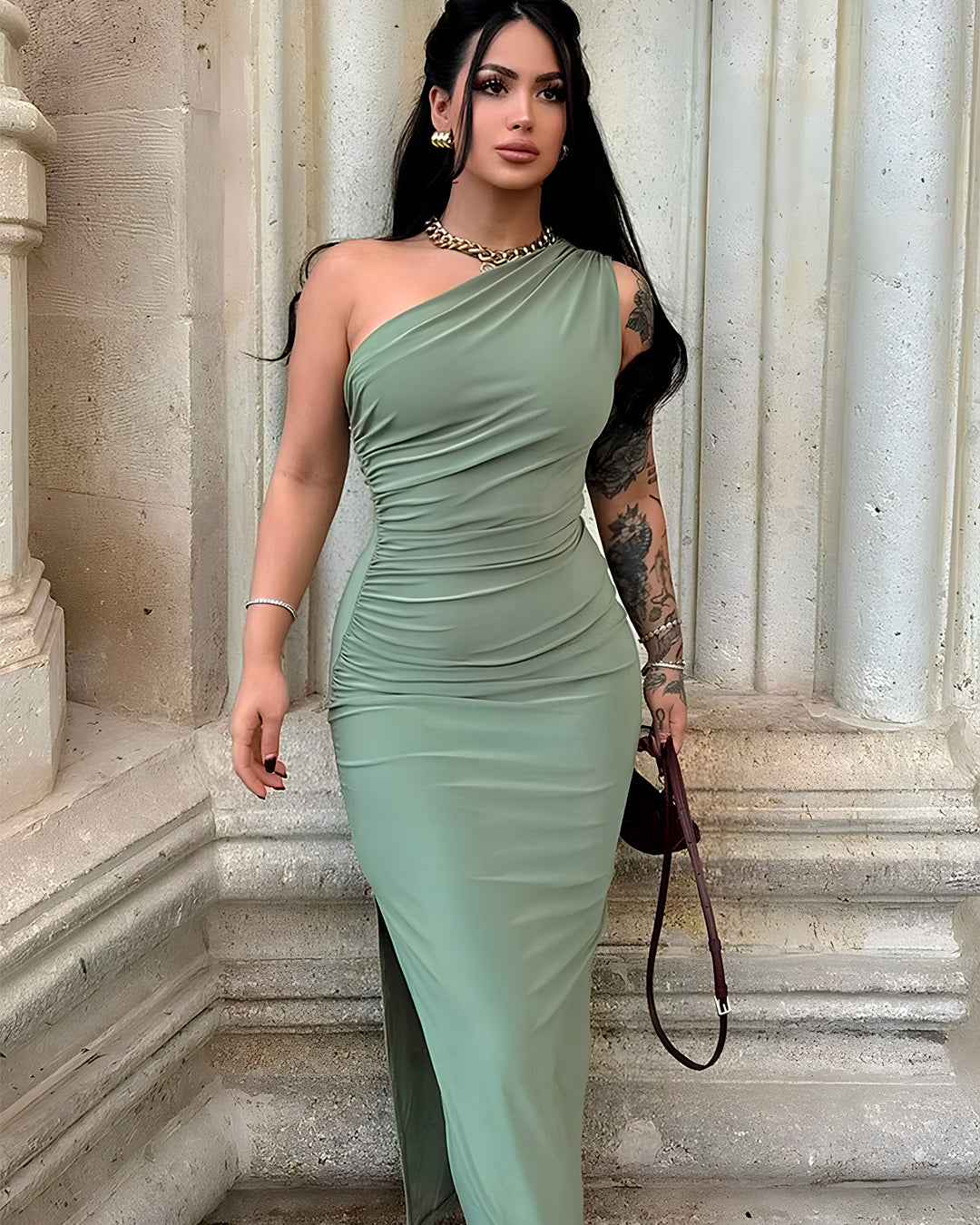 One Shoulder Long Dress with Side Slit